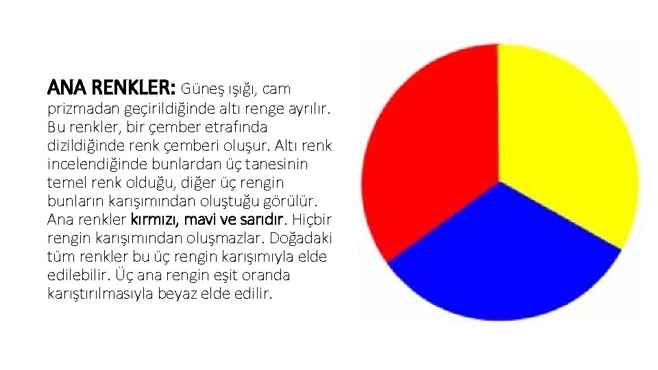 ANA RENKLER: Güneş ışığı, cam prizmadan geçirildiğinde altı renge ayrılır. Bu renkler, bir çember ANA RENKLER: Güneş ışığı, cam prizmadan geçirildiğinde altı renge ayrılır. Bu renkler, bir çember