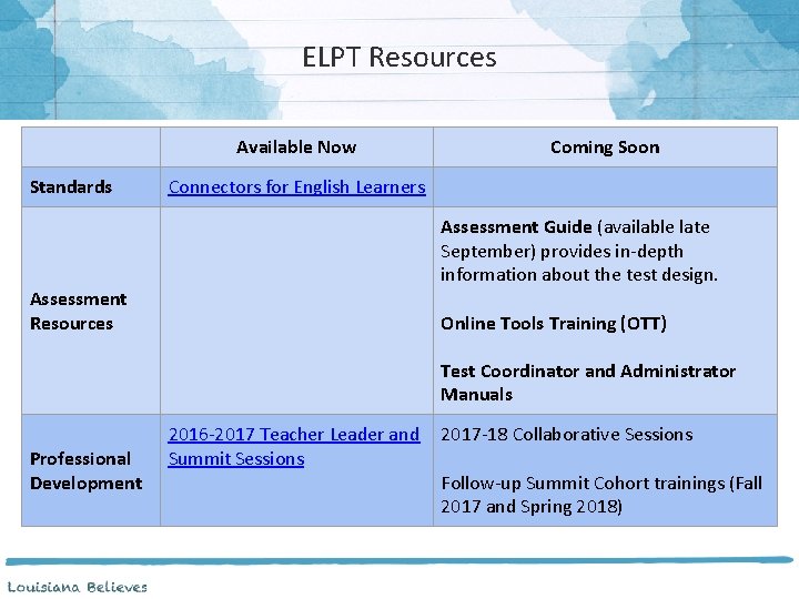 ELPT Resources Available Now Standards Assessment Resources Coming Soon Connectors for English Learners Assessment