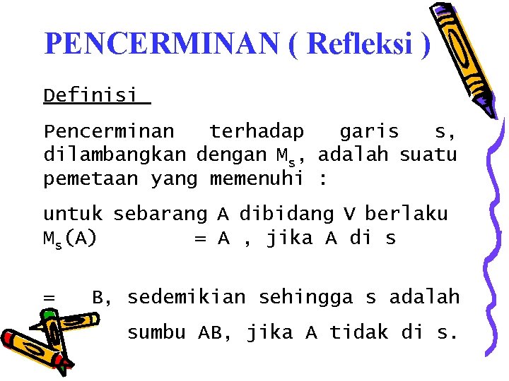 PENCERMINAN ( Refleksi ) Definisi Pencerminan terhadap garis s, dilambangkan dengan Ms, adalah suatu