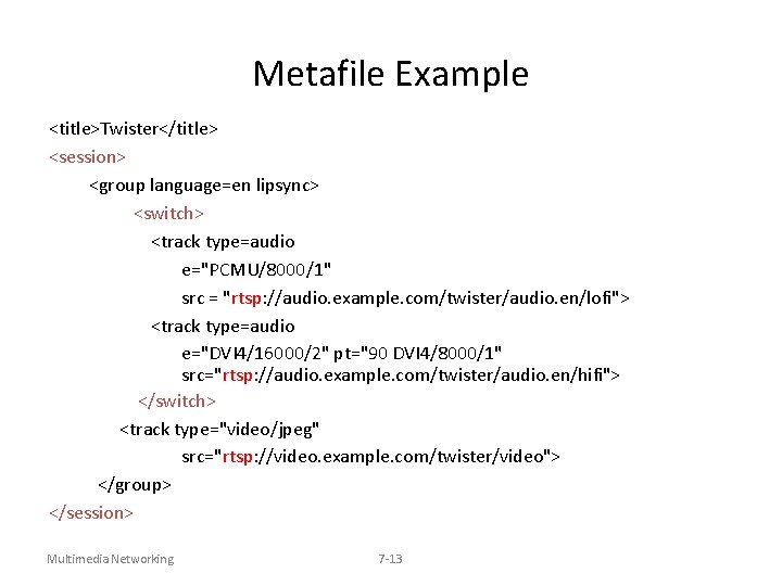 Metafile Example <title>Twister</title> <session> <group language=en lipsync> <switch> <track type=audio e="PCMU/8000/1" src = "rtsp: