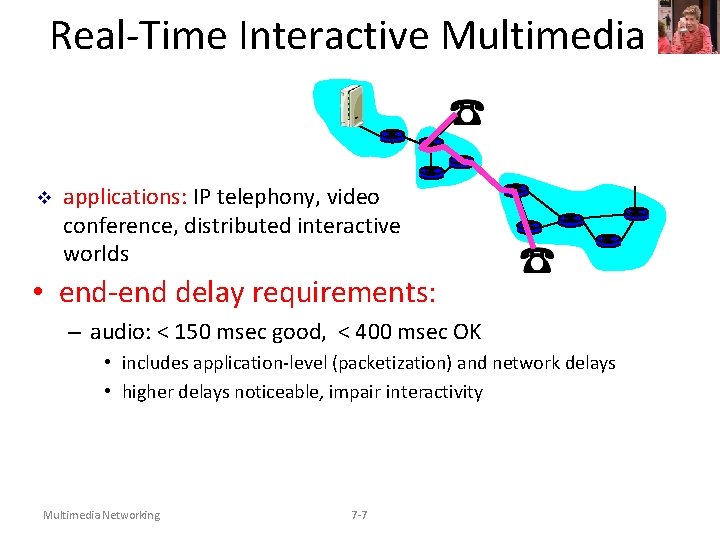 Real-Time Interactive Multimedia v applications: IP telephony, video conference, distributed interactive worlds • end-end