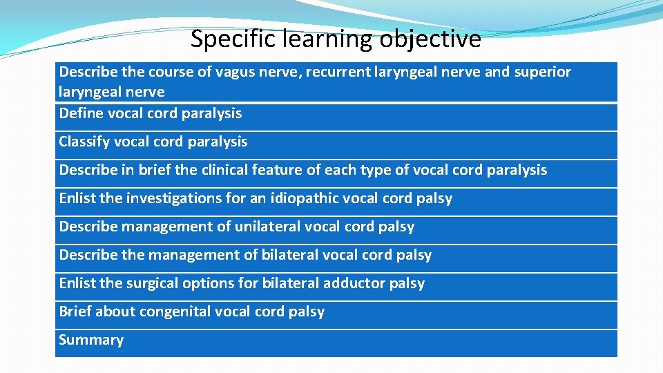 Specific learning objective Describe the course of vagus nerve, recurrent laryngeal nerve and superior Specific learning objective Describe the course of vagus nerve, recurrent laryngeal nerve and superior