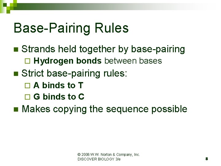 Base-Pairing Rules n Strands held together by base-pairing ¨ n Hydrogen bonds between bases Base-Pairing Rules n Strands held together by base-pairing ¨ n Hydrogen bonds between bases