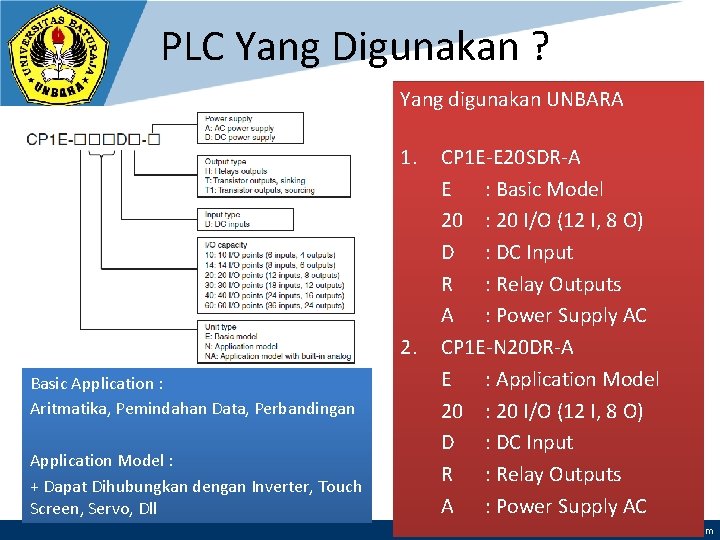 PLC Yang Digunakan ? Yang digunakan UNBARA 1. 2. Basic Application : Aritmatika, Pemindahan