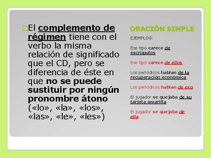 �El complemento de régimen tiene con el verbo la misma relación de significado que