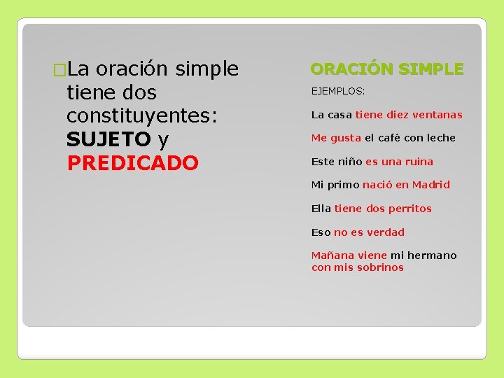 �La oración simple tiene dos constituyentes: SUJETO y PREDICADO ORACIÓN SIMPLE EJEMPLOS: La casa