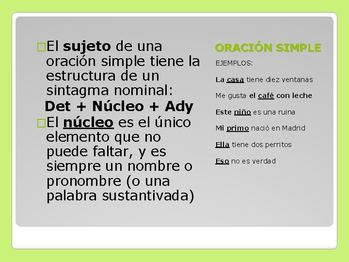 �El sujeto de una oración simple tiene la estructura de un sintagma nominal: Det �El sujeto de una oración simple tiene la estructura de un sintagma nominal: Det