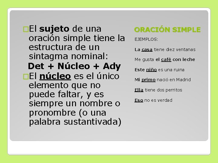 �El sujeto de una oración simple tiene la estructura de un sintagma nominal: Det