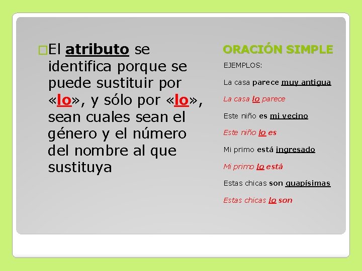 �El atributo se identifica porque se puede sustituir por «lo» , y sólo por