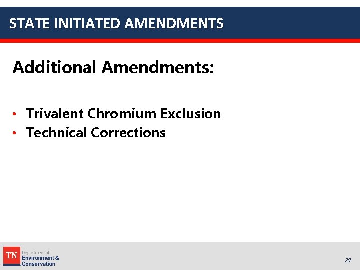 STATE INITIATED AMENDMENTS Additional Amendments: • Trivalent Chromium Exclusion • Technical Corrections 20 