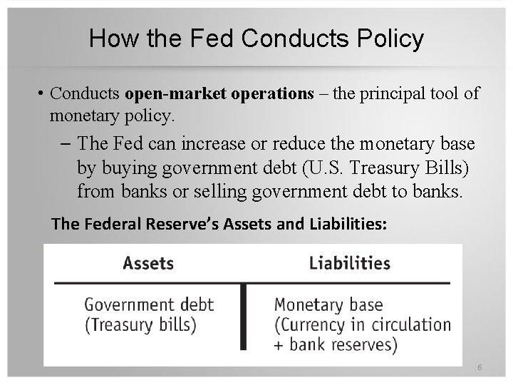 How the Fed Conducts Policy • Conducts open-market operations – the principal tool of