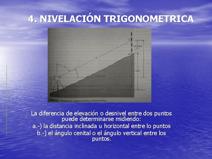 4. NIVELACIÓN TRIGONOMETRICA La diferencia de elevación o desnivel entre dos puntos puede determinarse 4. NIVELACIÓN TRIGONOMETRICA La diferencia de elevación o desnivel entre dos puntos puede determinarse