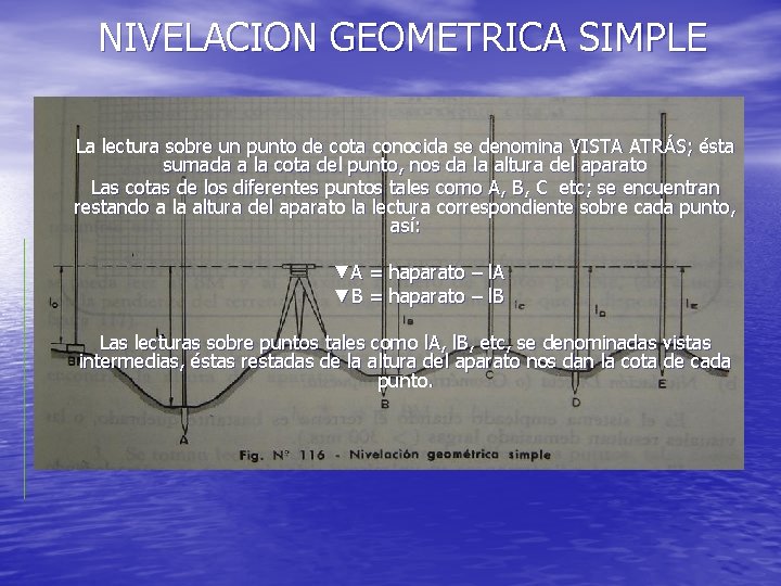 NIVELACION GEOMETRICA SIMPLE La lectura sobre un punto de cota conocida se denomina VISTA NIVELACION GEOMETRICA SIMPLE La lectura sobre un punto de cota conocida se denomina VISTA