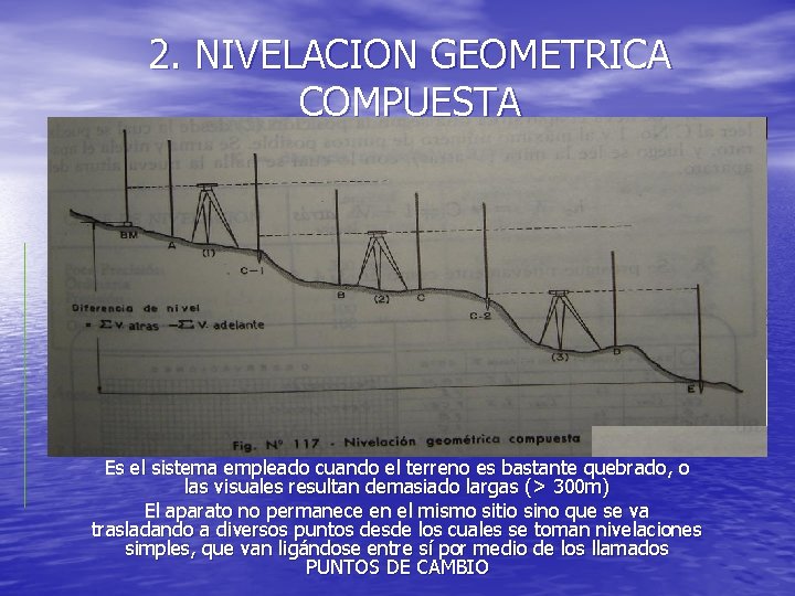 2. NIVELACION GEOMETRICA COMPUESTA Es el sistema empleado cuando el terreno es bastante quebrado, 2. NIVELACION GEOMETRICA COMPUESTA Es el sistema empleado cuando el terreno es bastante quebrado,