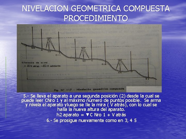 NIVELACION GEOMETRICA COMPUESTA PROCEDIMIENTO 5. - Se lleva el aparato a una segunda posición NIVELACION GEOMETRICA COMPUESTA PROCEDIMIENTO 5. - Se lleva el aparato a una segunda posición