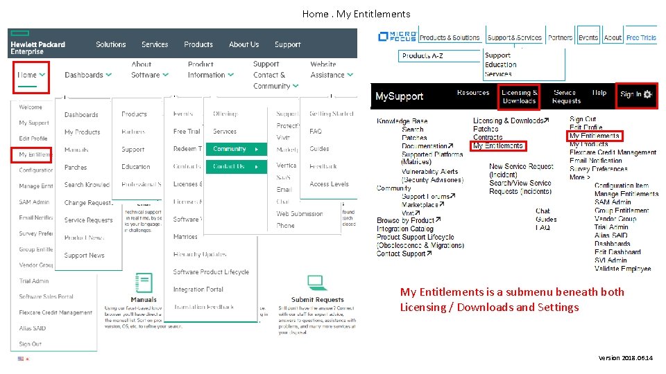 Home. My Entitlements is a submenu beneath both Licensing / Downloads and Settings Version