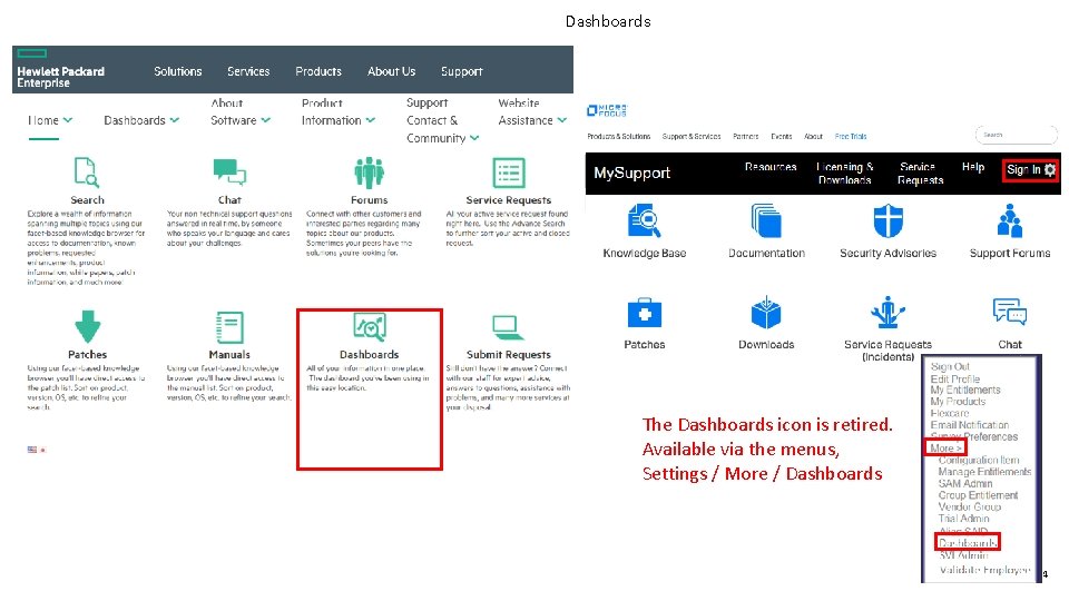 Dashboards The Dashboards icon is retired. Available via the menus, Settings / More /