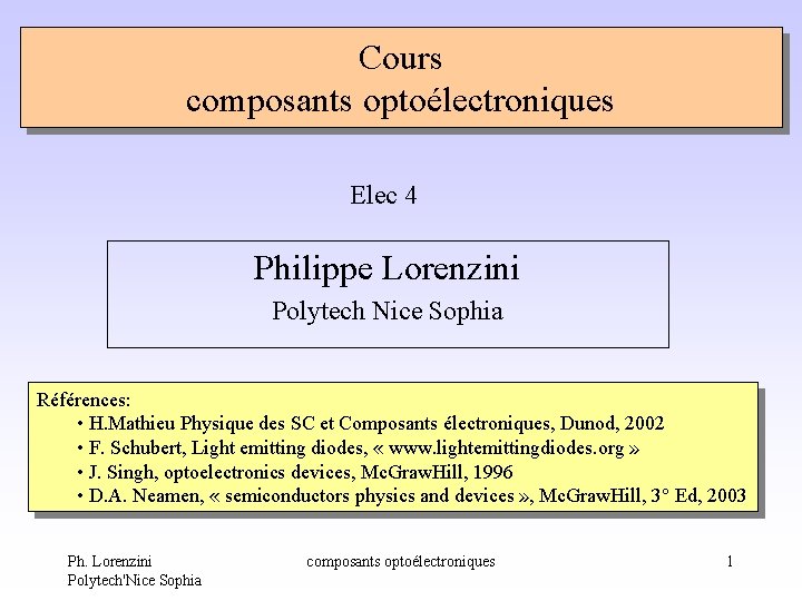 Cours composants optoélectroniques Elec 4 Philippe Lorenzini Polytech Nice Sophia Références: • H. Mathieu Cours composants optoélectroniques Elec 4 Philippe Lorenzini Polytech Nice Sophia Références: • H. Mathieu
