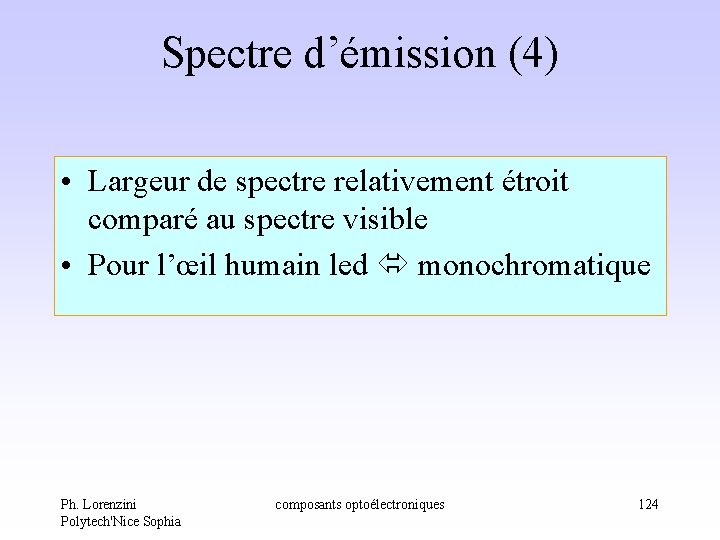 Spectre d’émission (4) • Largeur de spectre relativement étroit comparé au spectre visible • Spectre d’émission (4) • Largeur de spectre relativement étroit comparé au spectre visible •