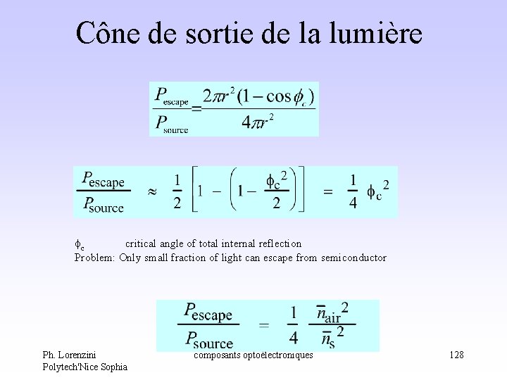 Cône de sortie de la lumière c critical angle of total internal reflection Problem: Cône de sortie de la lumière c critical angle of total internal reflection Problem: