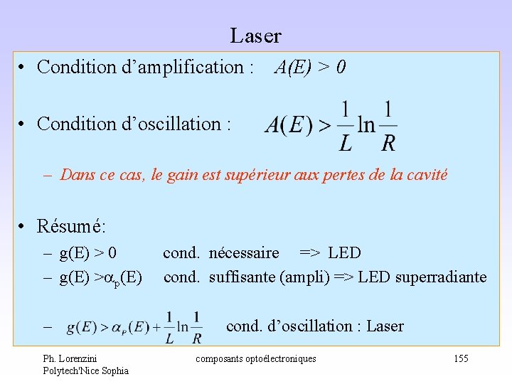 Laser • Condition d’amplification : A(E) > 0 • Condition d’oscillation : – Dans Laser • Condition d’amplification : A(E) > 0 • Condition d’oscillation : – Dans