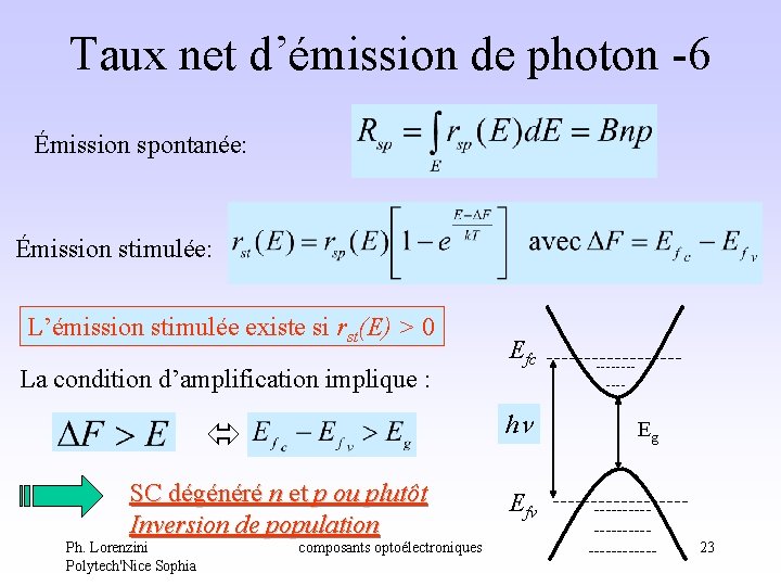 Taux net d’émission de photon -6 Émission spontanée: Émission stimulée: L’émission stimulée existe si Taux net d’émission de photon -6 Émission spontanée: Émission stimulée: L’émission stimulée existe si
