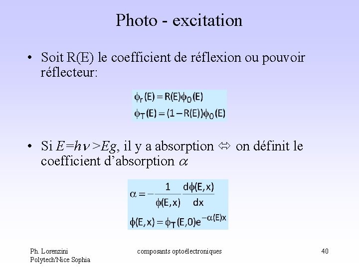 Photo - excitation • Soit R(E) le coefficient de réflexion ou pouvoir réflecteur: • Photo - excitation • Soit R(E) le coefficient de réflexion ou pouvoir réflecteur: •