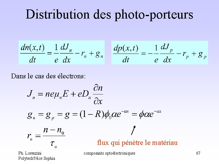 Distribution des photo-porteurs Dans le cas des électrons: flux qui pénètre le matériau Ph. Distribution des photo-porteurs Dans le cas des électrons: flux qui pénètre le matériau Ph.