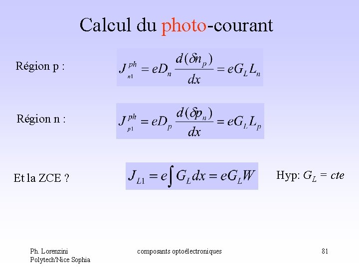 Calcul du photo-courant Région p : Région n : Hyp: GL = cte Et Calcul du photo-courant Région p : Région n : Hyp: GL = cte Et