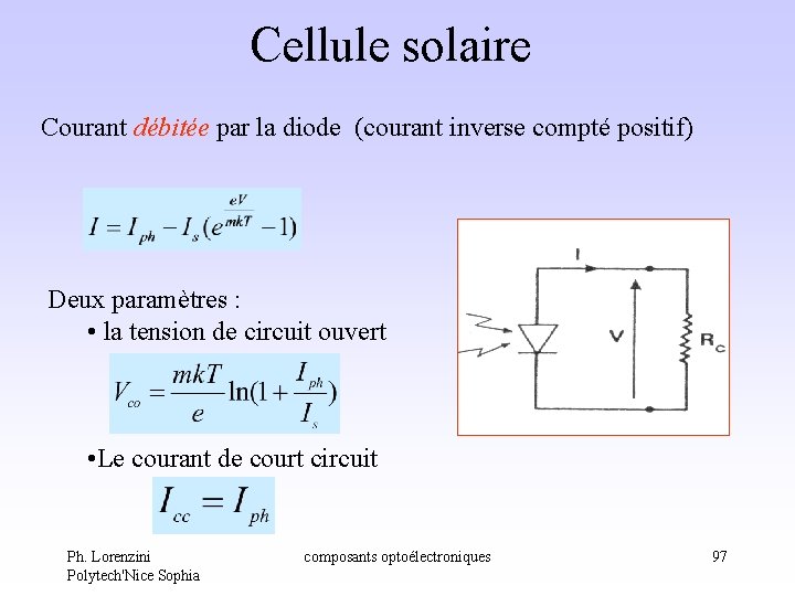 Cellule solaire Courant débitée par la diode (courant inverse compté positif) Deux paramètres : Cellule solaire Courant débitée par la diode (courant inverse compté positif) Deux paramètres :