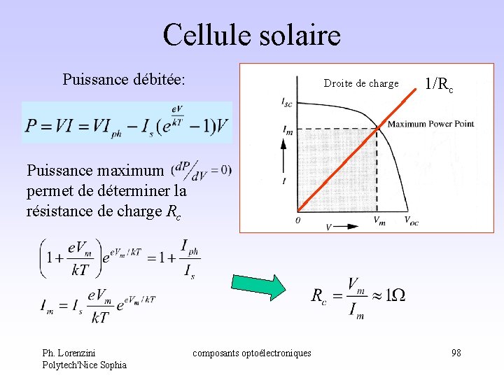 Cellule solaire Puissance débitée: Droite de charge 1/Rc Puissance maximum permet de déterminer la Cellule solaire Puissance débitée: Droite de charge 1/Rc Puissance maximum permet de déterminer la
