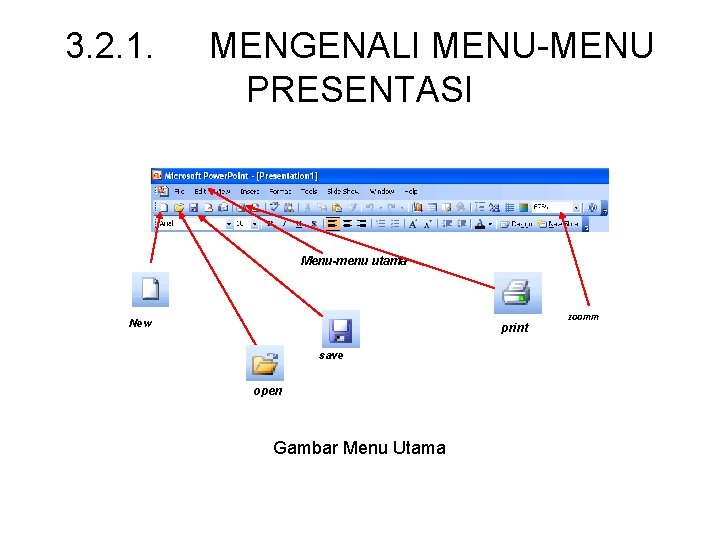 3. 2. 1. MENGENALI MENU-MENU PRESENTASI Menu-menu utama New print save open Gambar Menu 3. 2. 1. MENGENALI MENU-MENU PRESENTASI Menu-menu utama New print save open Gambar Menu