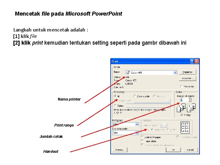 Mencetak file pada Microsoft Power. Point Langkah untuk mencetak adalah : [1] klik file