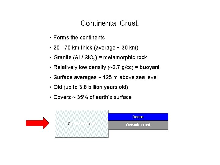 Continental Crust: • Forms the continents • 20 - 70 km thick (average ~