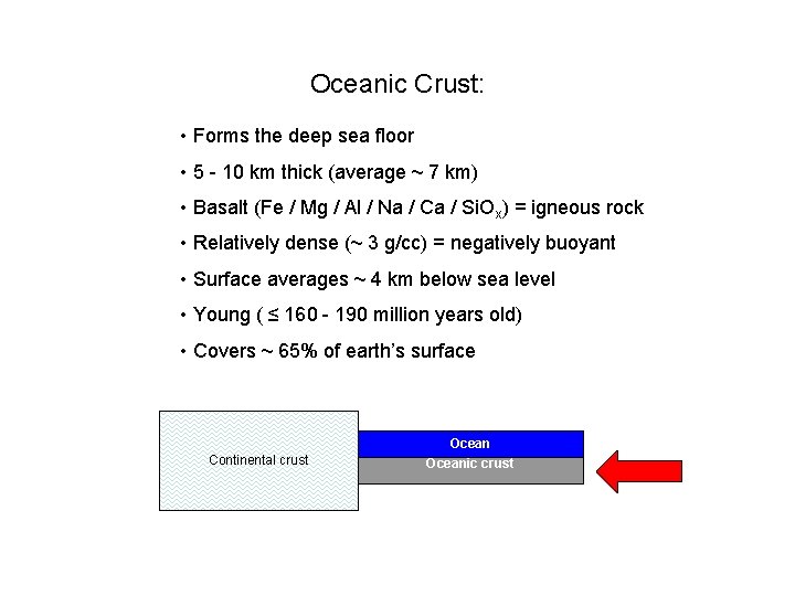 Oceanic Crust: • Forms the deep sea floor • 5 - 10 km thick