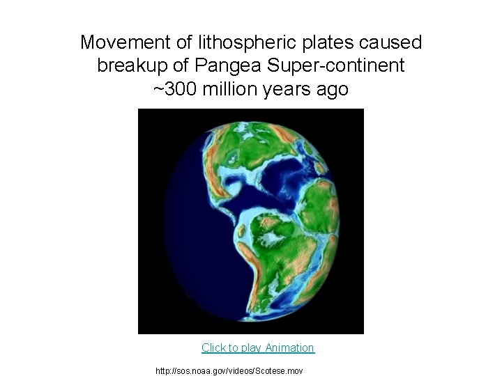 Movement of lithospheric plates caused breakup of Pangea Super-continent ~300 million years ago Click