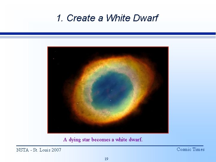 1. Create a White Dwarf A dying star becomes a white dwarf. Cosmic Times