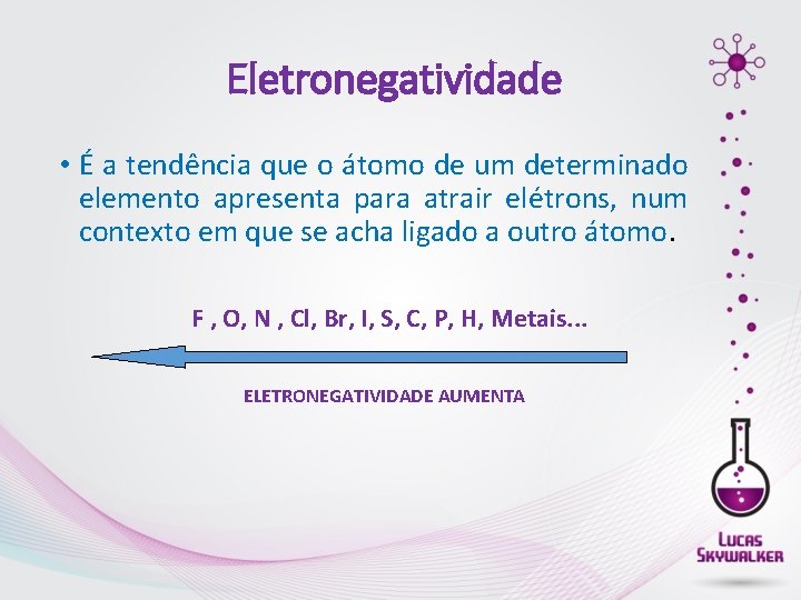 Eletronegatividade • É a tendência que o átomo de um determinado elemento apresenta para