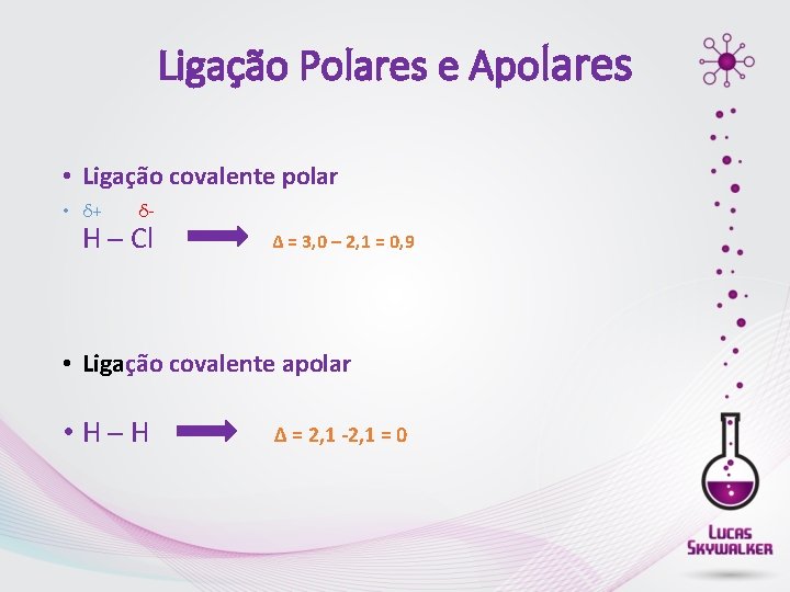 Ligação Polares e Apolares • Ligação covalente polar • δ+ δ- H ─ Cl