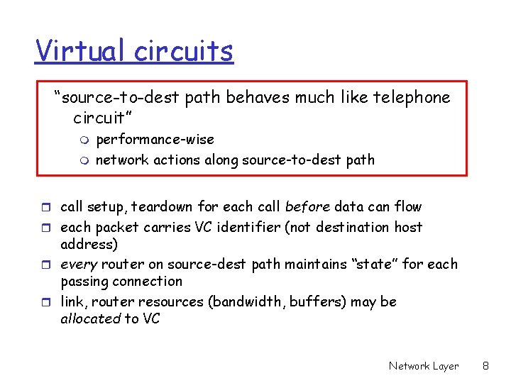 Virtual circuits “source-to-dest path behaves much like telephone circuit” m m performance-wise network actions Virtual circuits “source-to-dest path behaves much like telephone circuit” m m performance-wise network actions