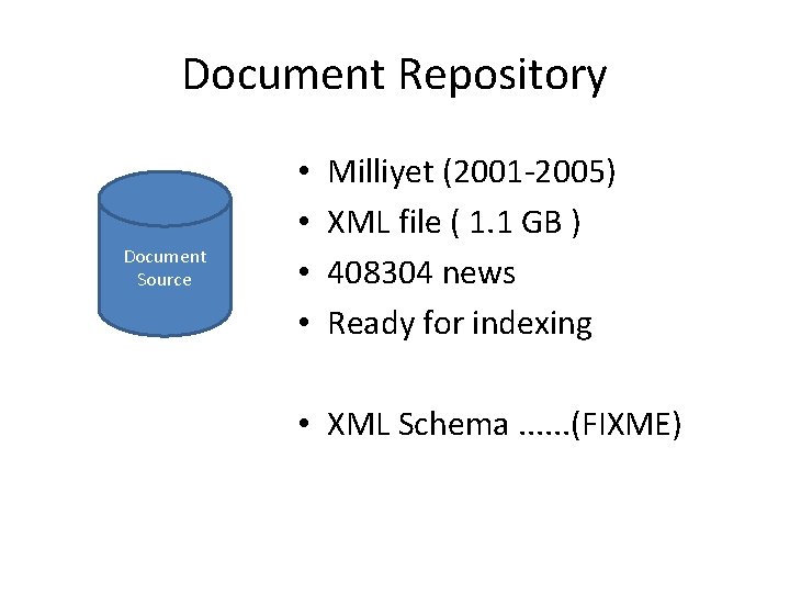 Document Repository Document Source • • Milliyet (2001 -2005) XML file ( 1. 1