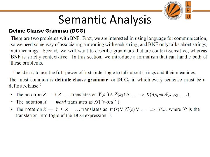 Semantic Analysis Define Clause Grammar (DCG) Semantic Analysis Define Clause Grammar (DCG)