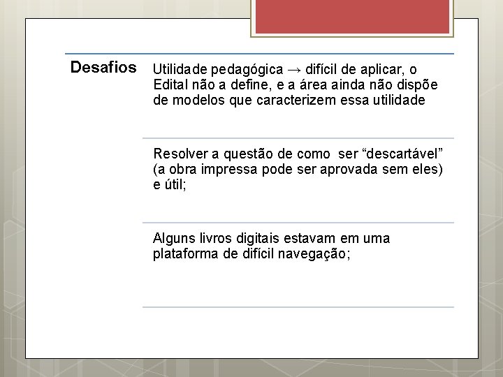 Desafios Utilidade pedagógica → difícil de aplicar, o Edital não a define, e a