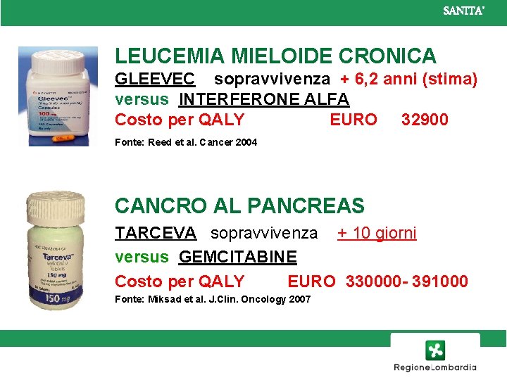 SANITA’ LEUCEMIA MIELOIDE CRONICA GLEEVEC sopravvivenza + 6, 2 anni (stima) versus INTERFERONE ALFA