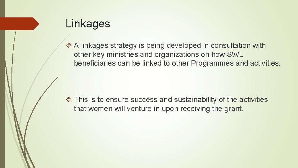 Linkages A linkages strategy is being developed in consultation with other key ministries and