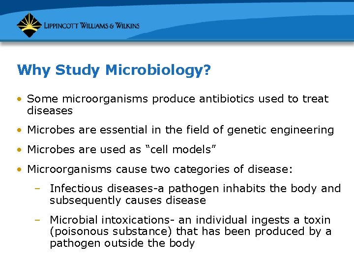 Why Study Microbiology? • Some microorganisms produce antibiotics used to treat diseases • Microbes