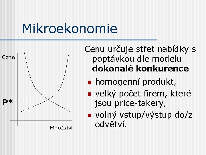 Mikroekonomie Cenu určuje střet nabídky s poptávkou dle modelu dokonalé konkurence Cena n n