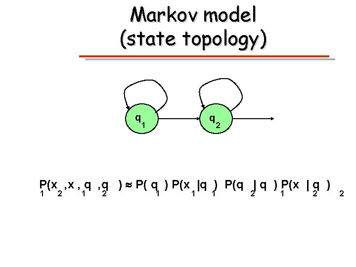 Markov model (state topology) q q 1 2 P(x , q , q )