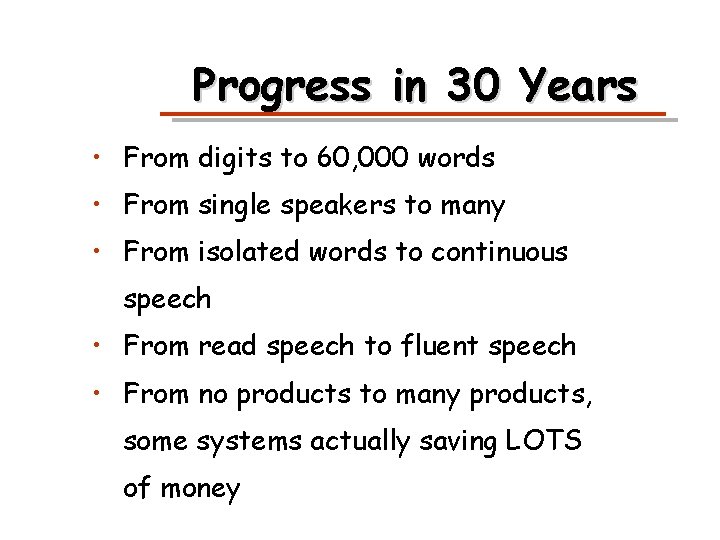 Progress in 30 Years • From digits to 60, 000 words • From single