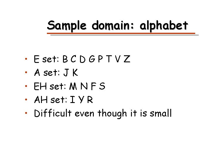 Sample domain: alphabet • • • E set: B C D G P T